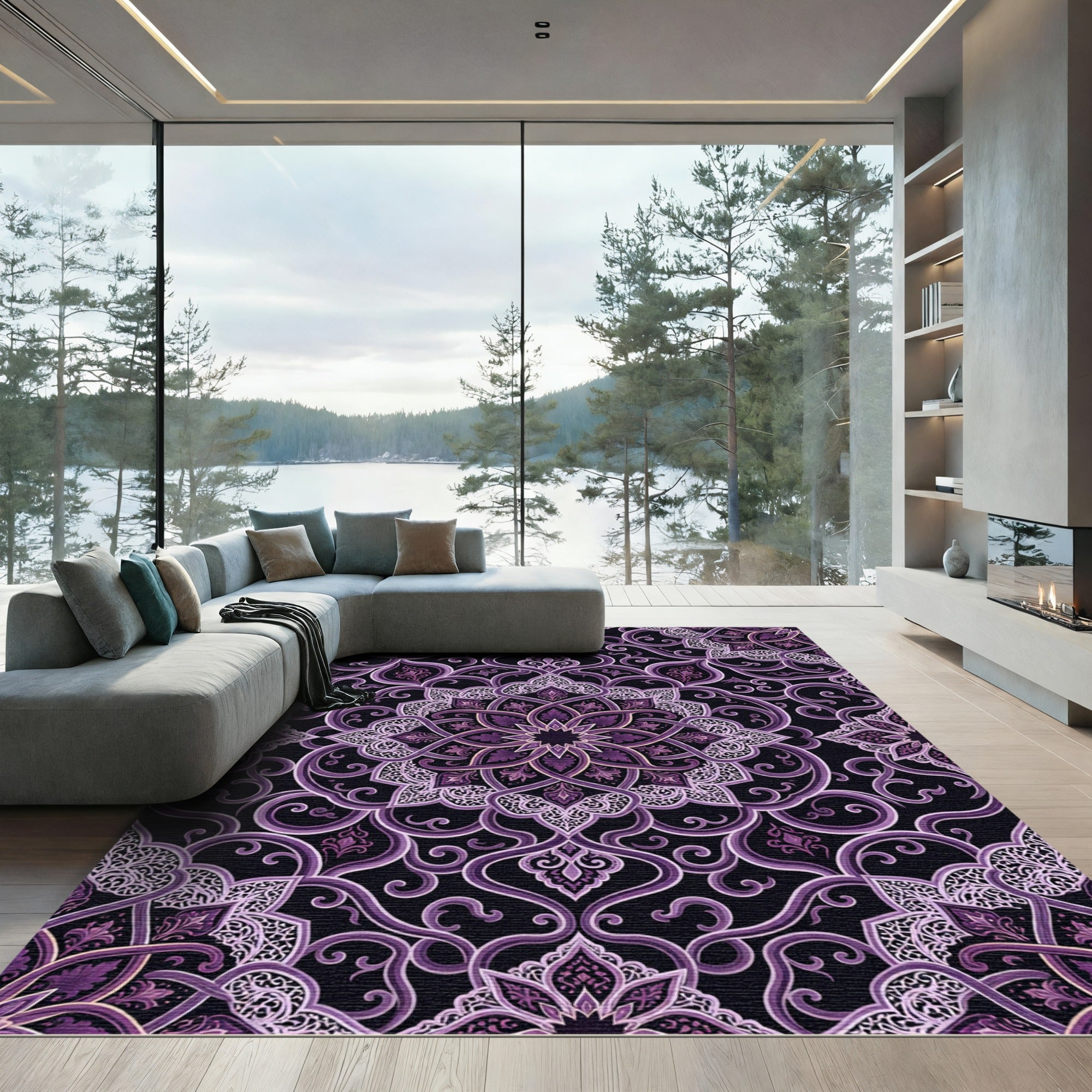 Ornate Deep Purple Swirl Medallion Rug