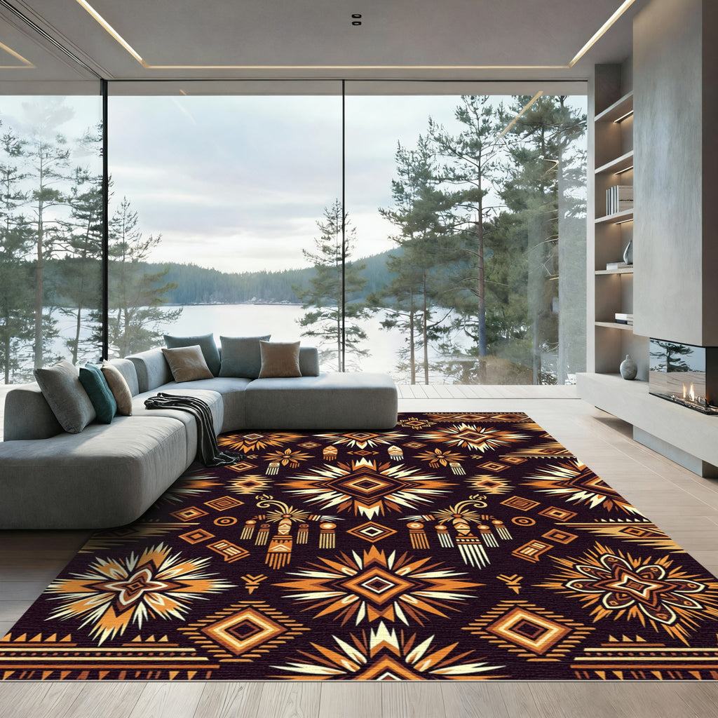 Earthy Ochre Geometric Sunburst Tapestry Rug