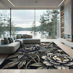 Dark Floral Peony Botanical Arrangement Rug