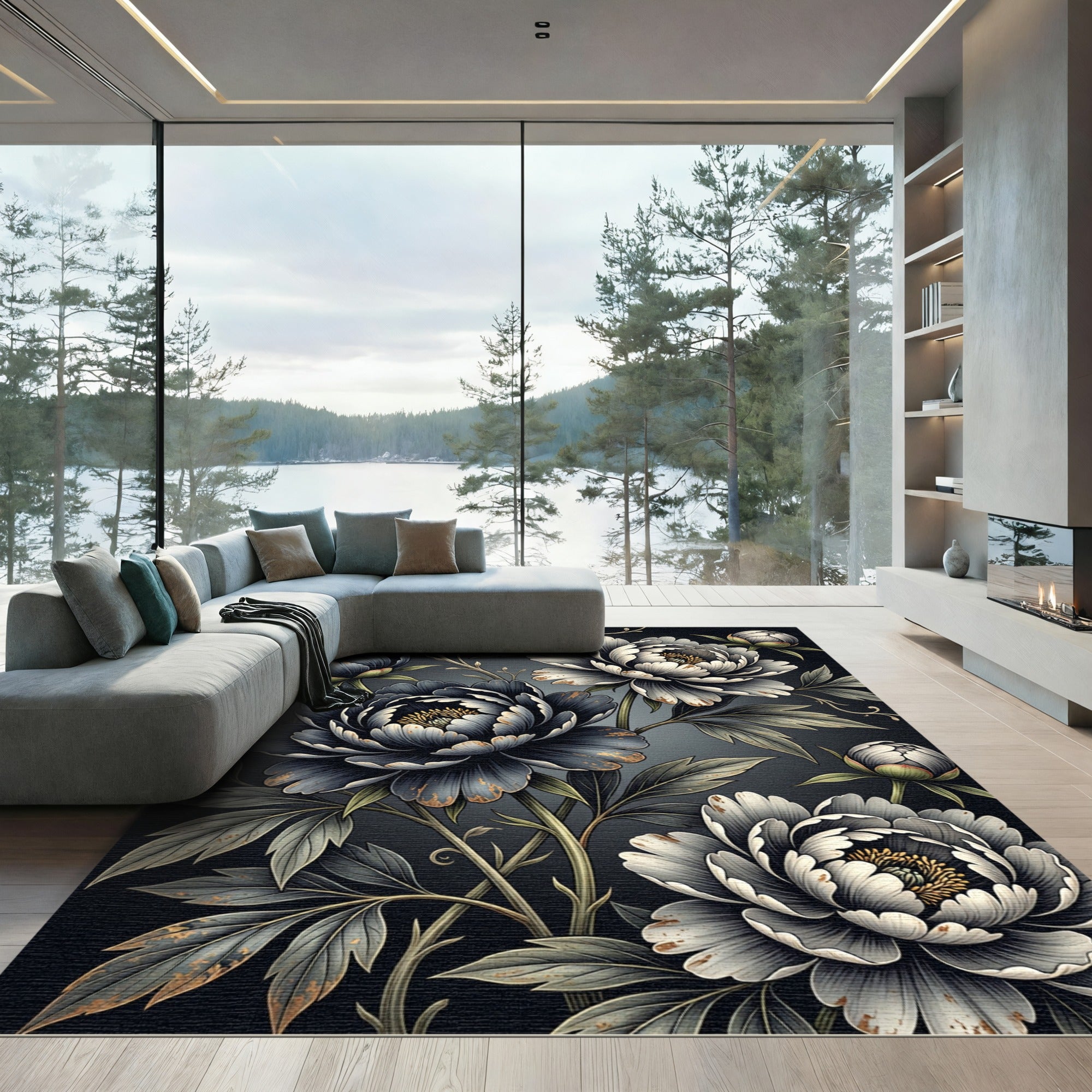 Dark Floral Peony Botanical Arrangement Rug