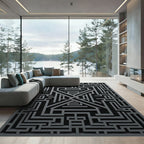 Monochrome Charcoal Geometric Labyrinth Art Rug