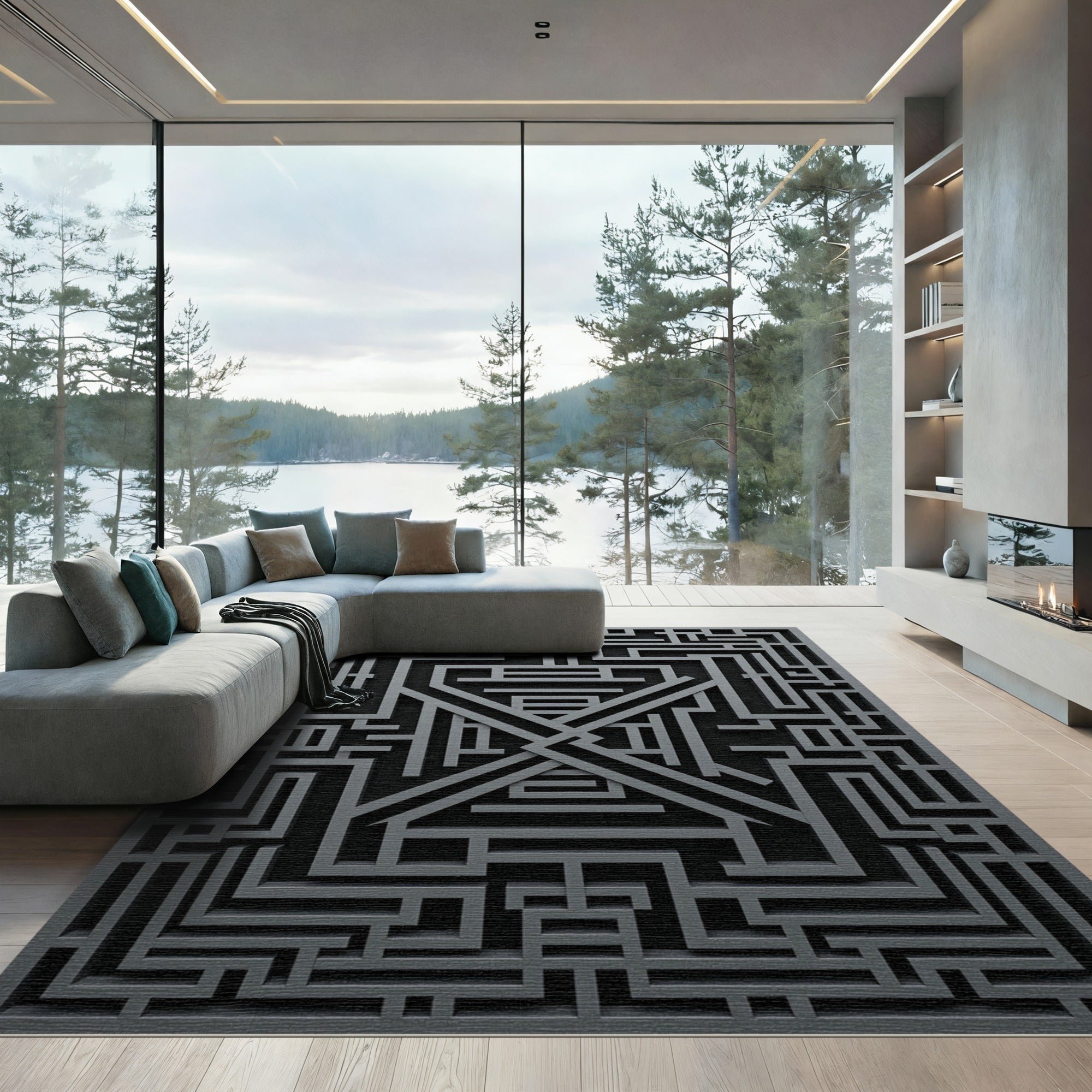 Monochrome Charcoal Geometric Labyrinth Art Rug