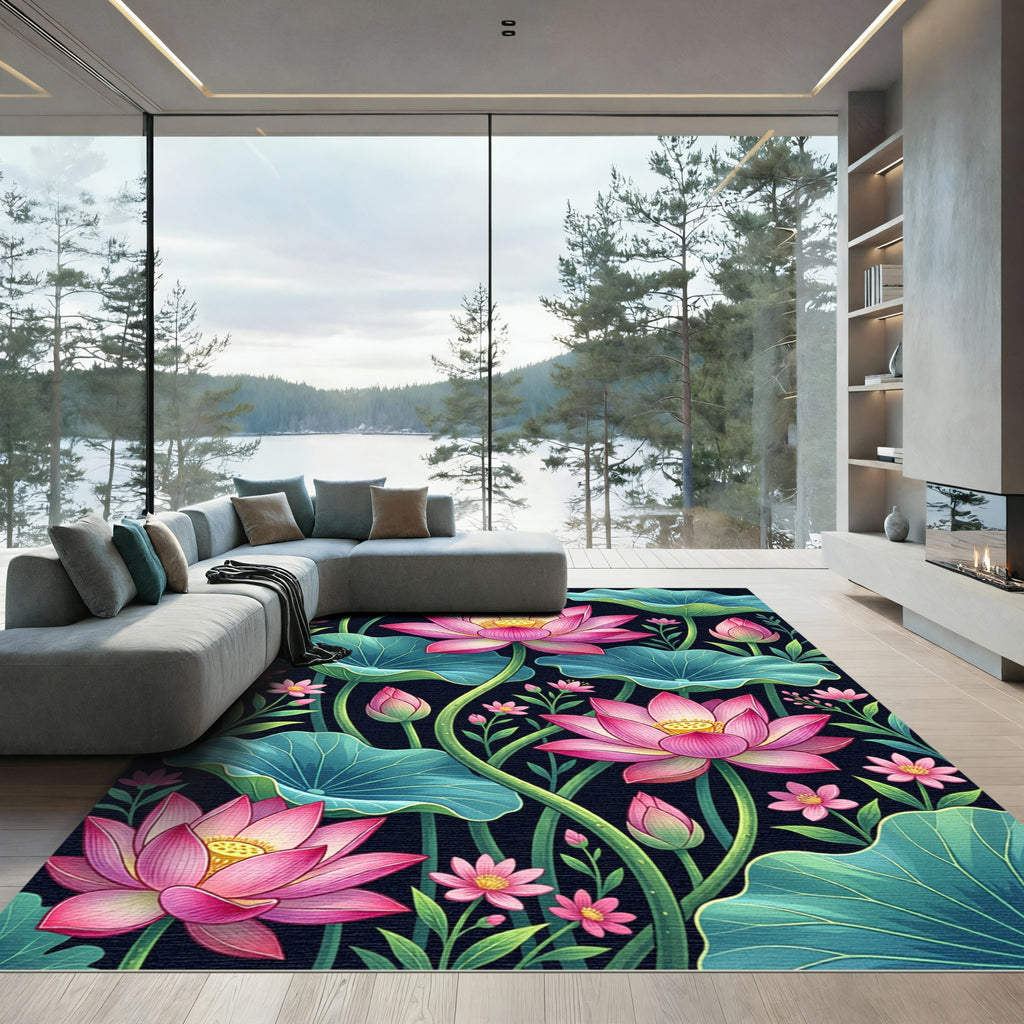 Vibrant Pink Lotus Garden Foliage Rug