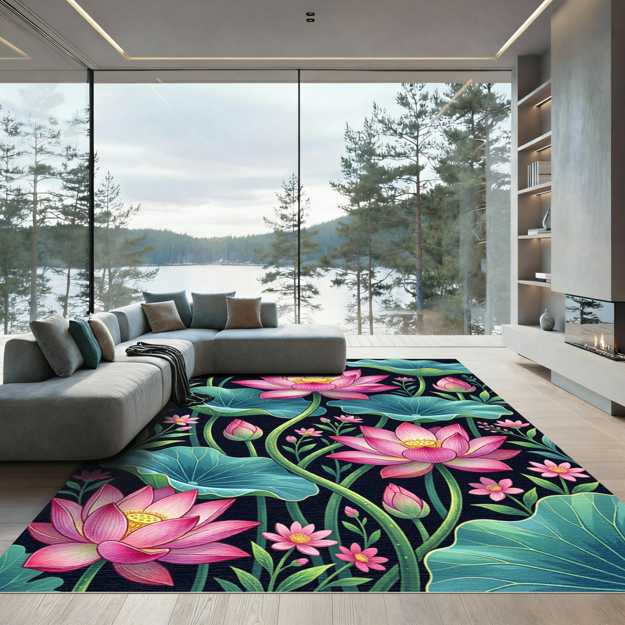 Vibrant Pink Lotus Garden Foliage Rug