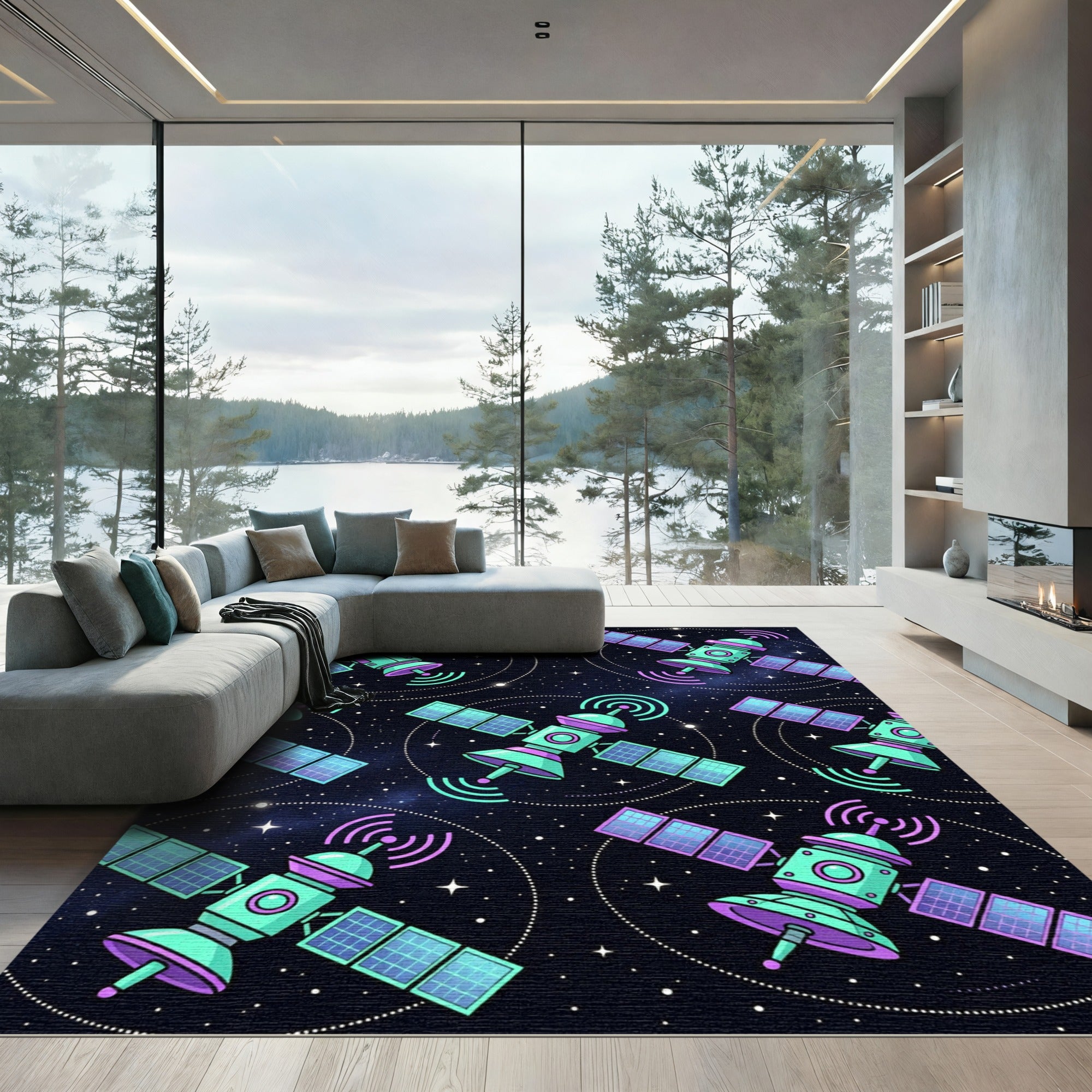 Neon Retro Sci-Fi Satellite Space Orbit Rug