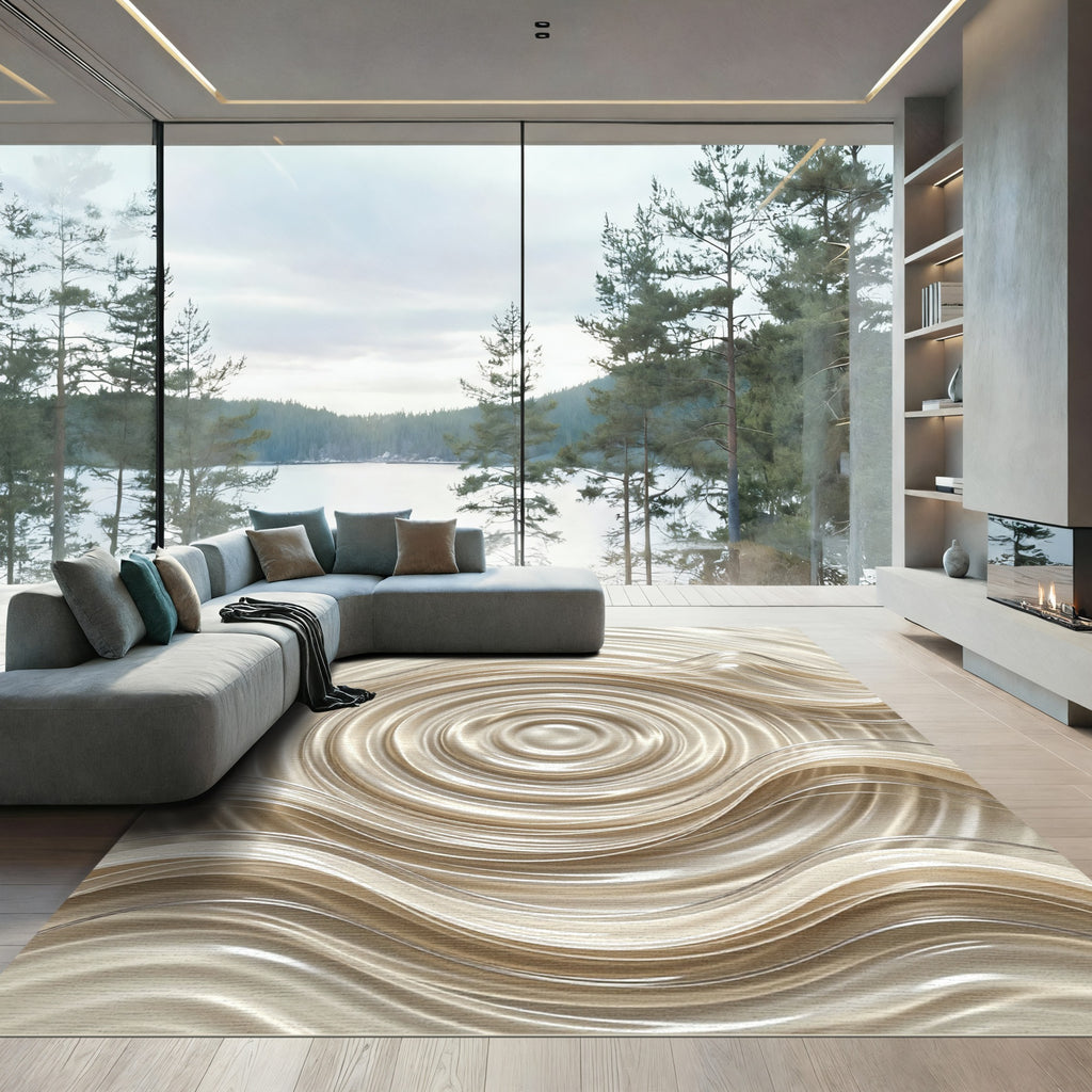 Shimmering Champagne Fluid Wave Circular Rug