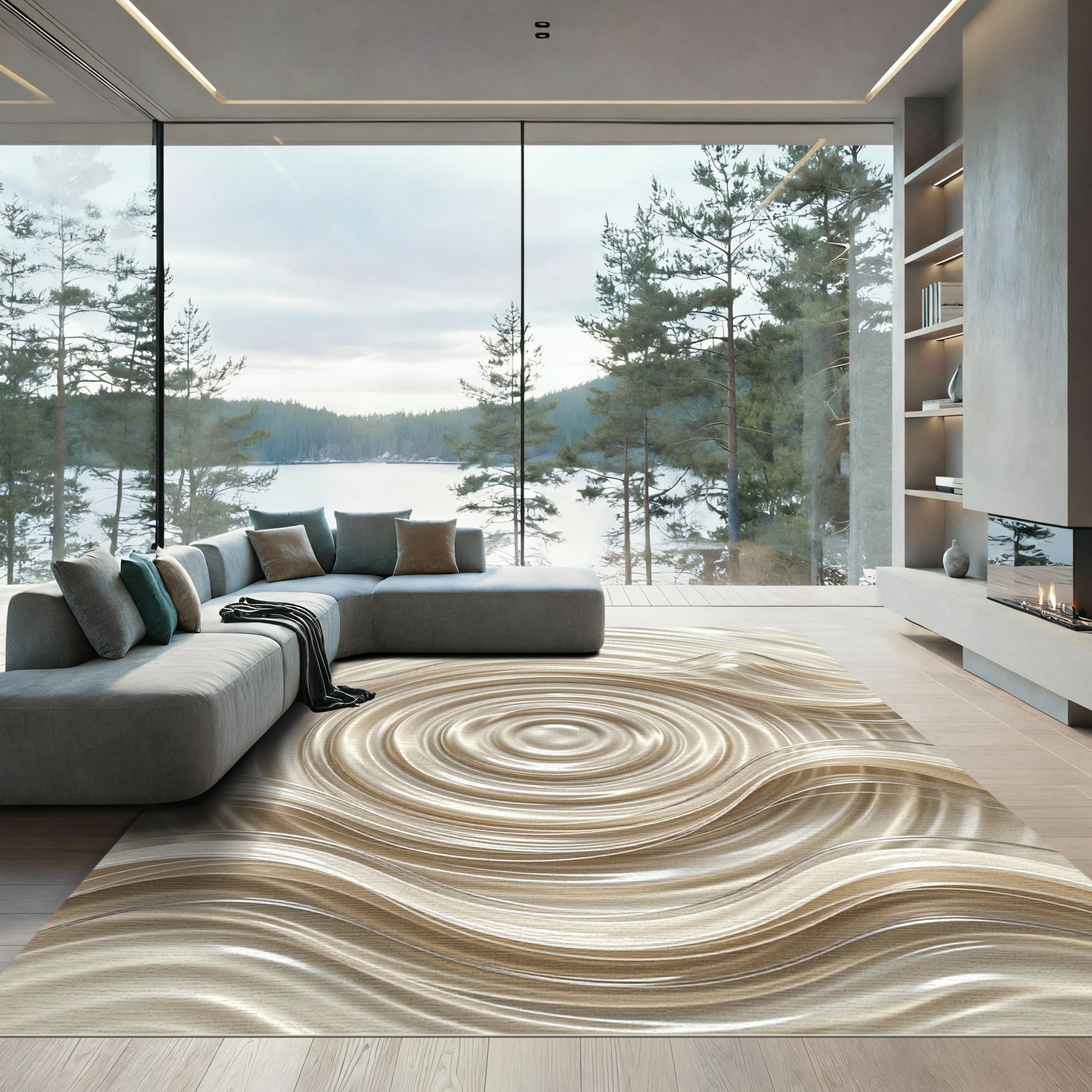 Shimmering Champagne Fluid Wave Circular Rug