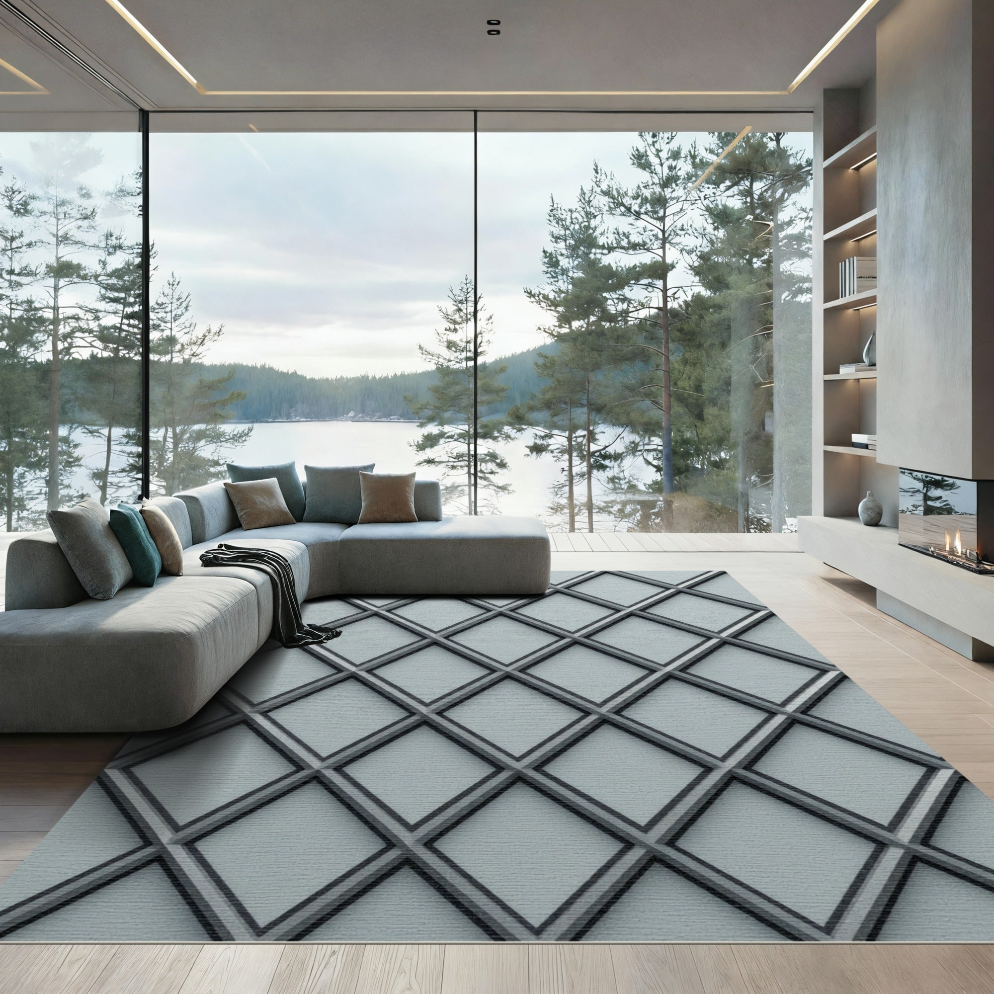 Minimalist Gray Lattice Diamond Rug