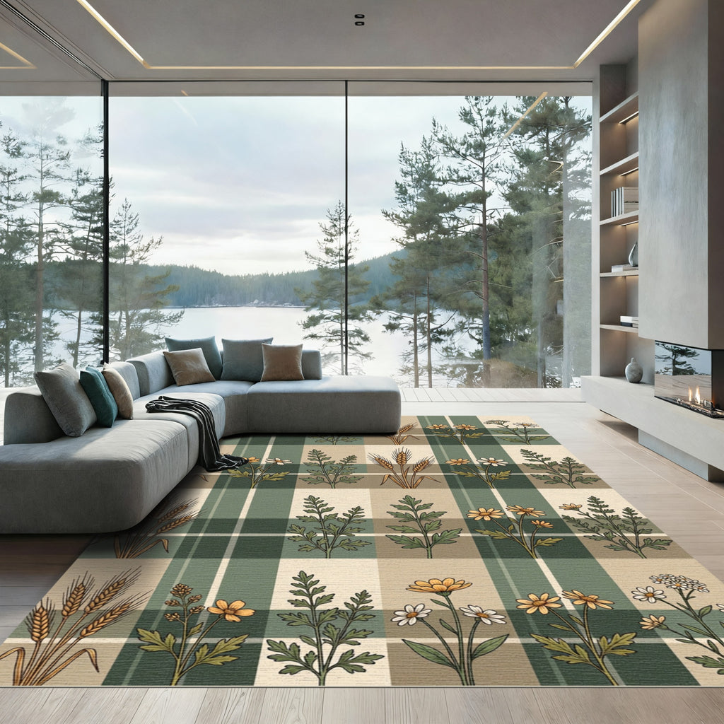 Earthy Wheat Daisies Plaid Rug