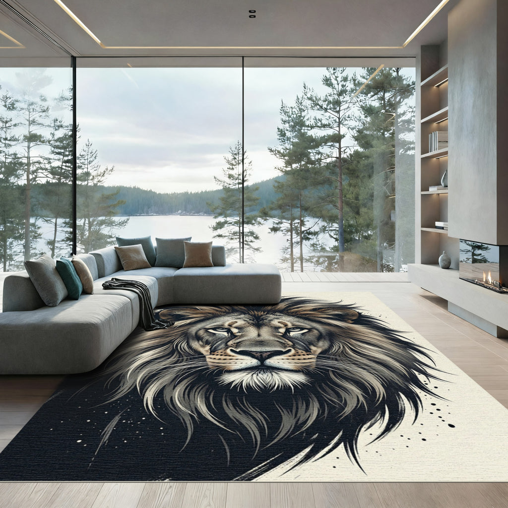 Majestic Charcoal Lion Portrait Illustration Rug