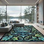 Ornate Teal Crown Grape Vine Crest Rug