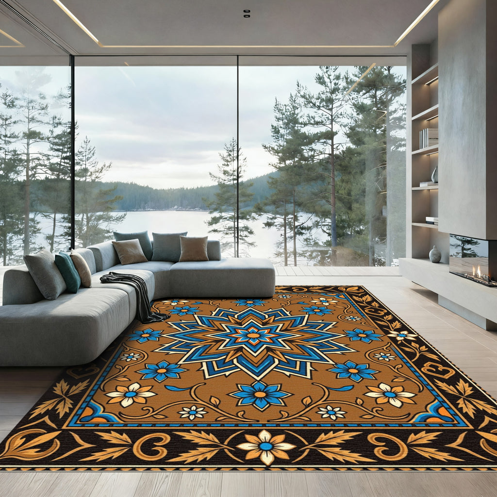 Ornate Blue and Copper Star Medallion Rug