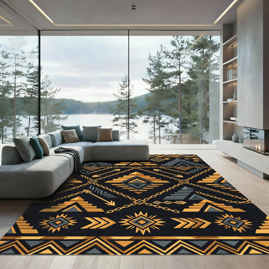 Gold and Gray Tribal Stair Geometric Rug