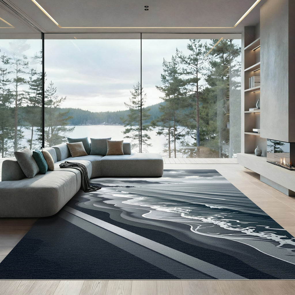 Monochromatic Coastal Wave Landscape Rug