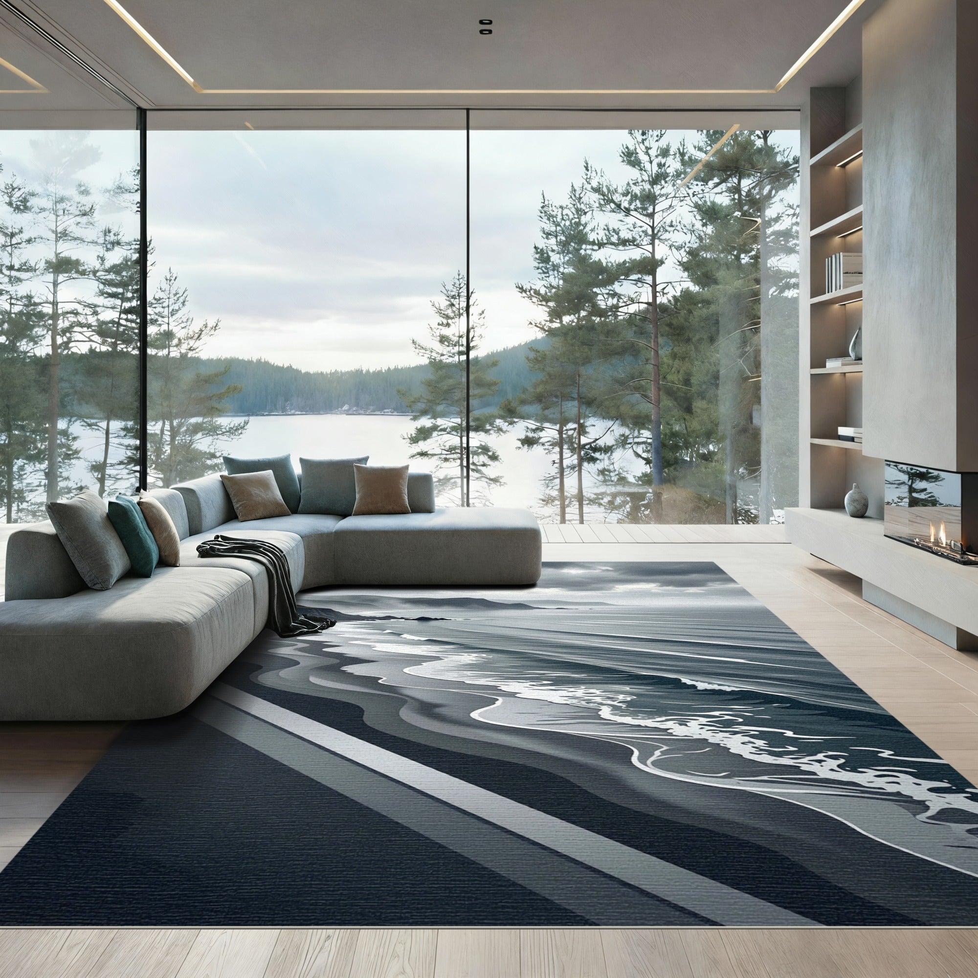 Monochromatic Coastal Wave Landscape Rug