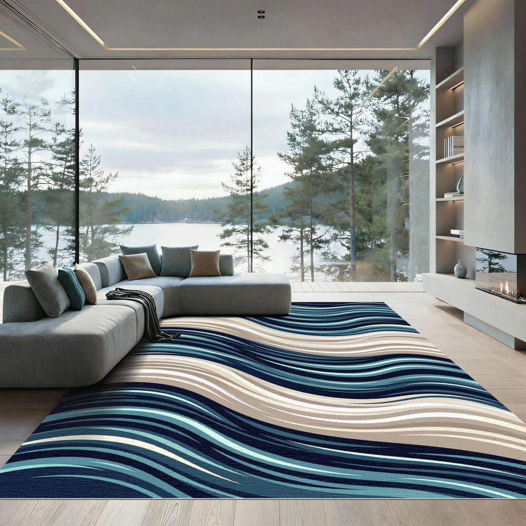 Modern Blue and Sand Wavy Lines Rug