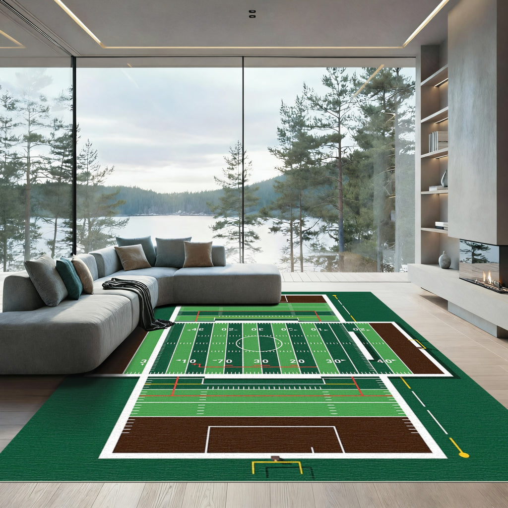 Green Gridiron Stadium Athletic Field Graphic Rug