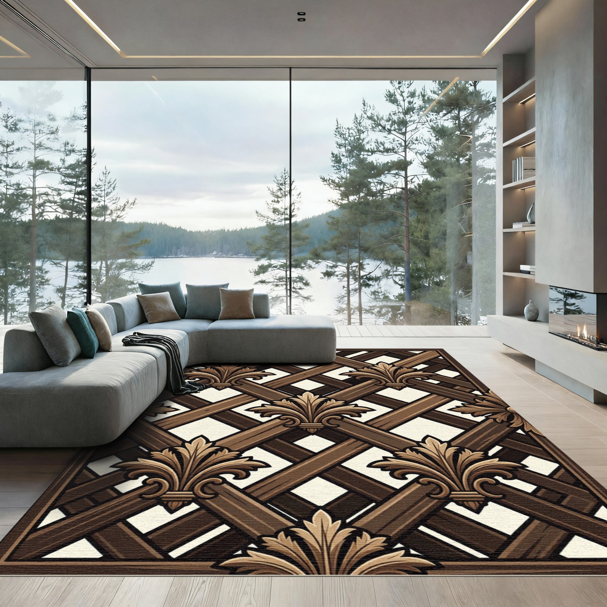 Dark Brown Lattice Fleur-de-lis Rug