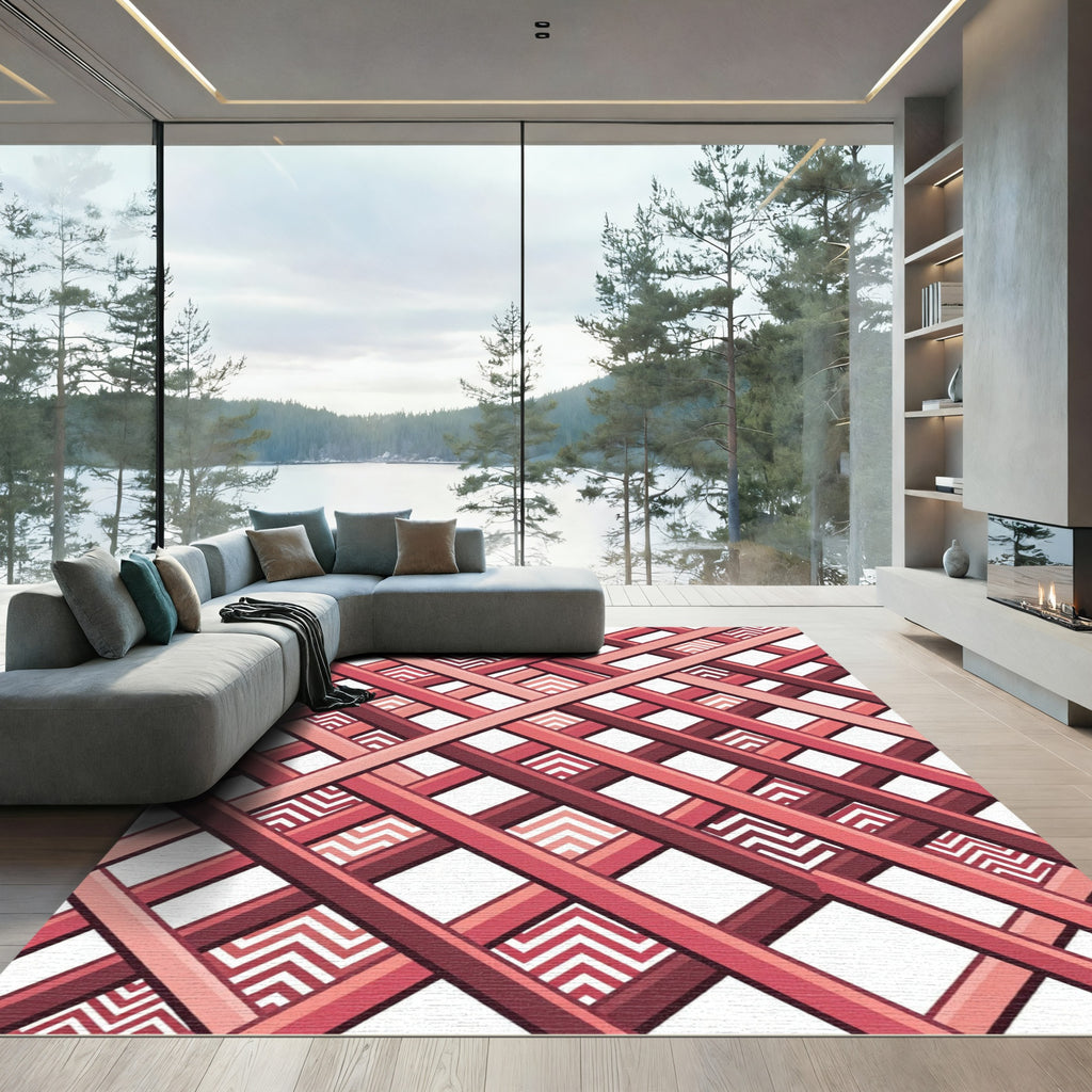 Geometric Crimson Interlocking Linear Grid Rug