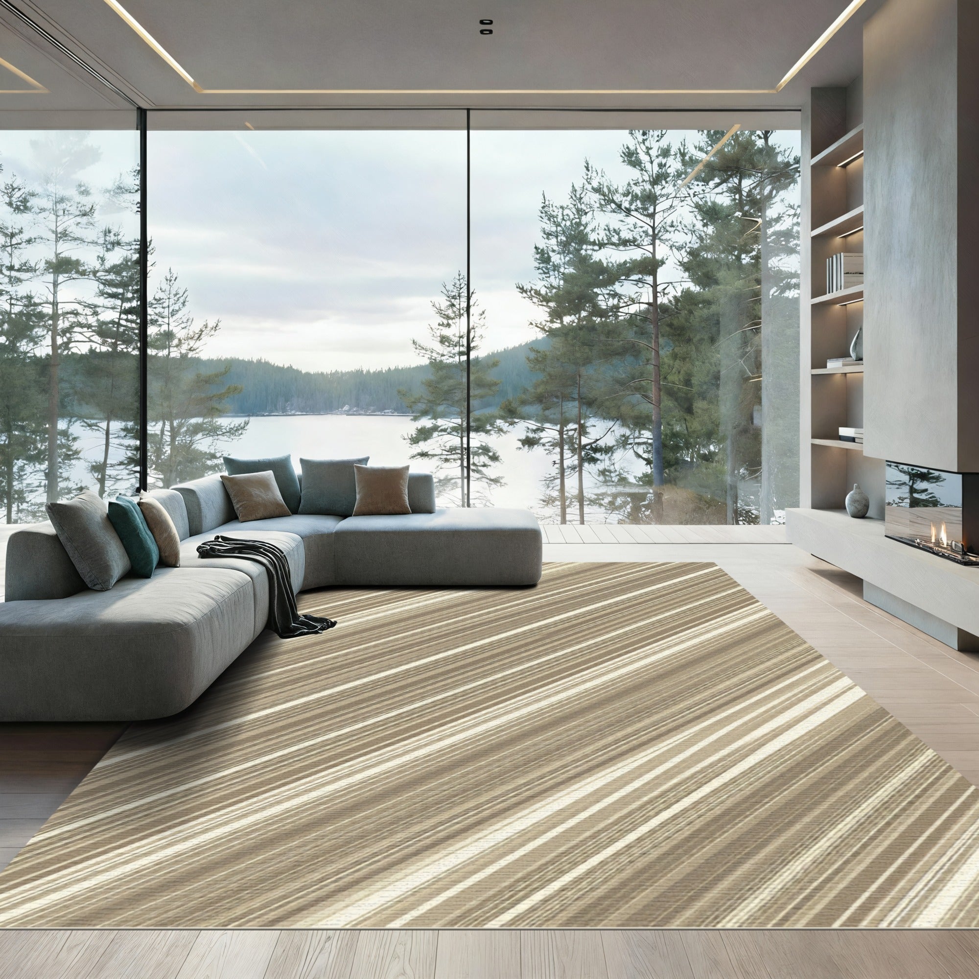 Neutral Beige Diagonal Linear Stripe Rug