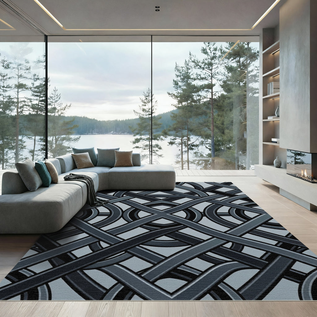 Dark Gray Interwoven Geometric Knot Rug