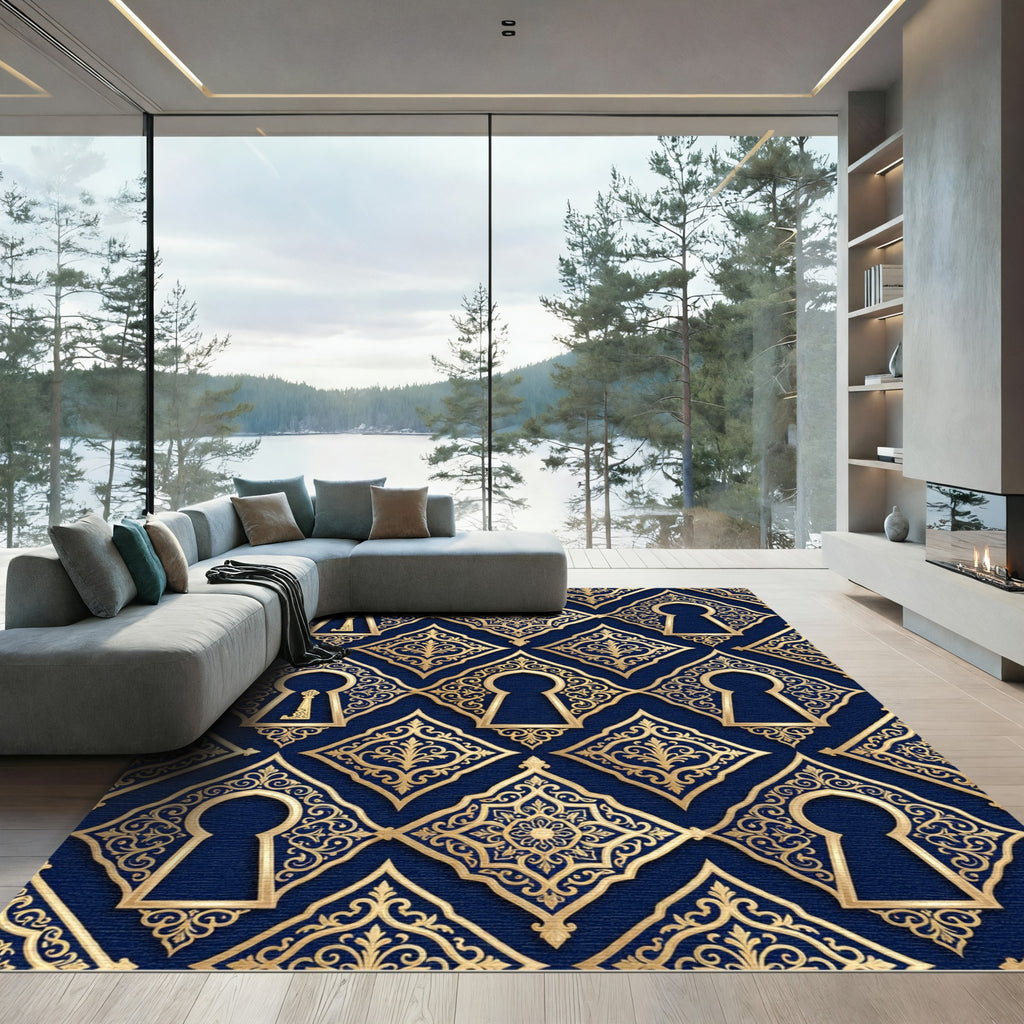 Royal Blue Gold Filigree Keyhole Interlock Rug