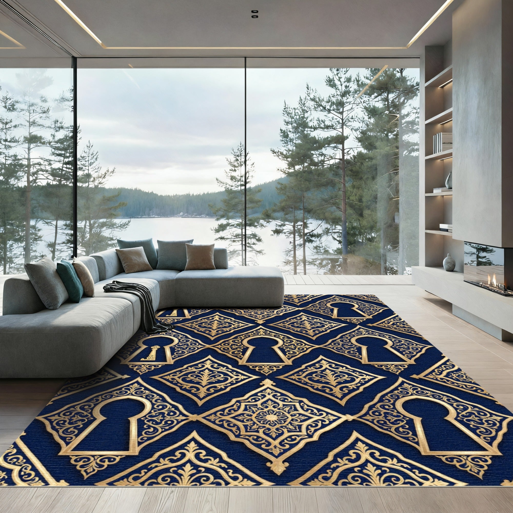 Royal Blue Gold Filigree Keyhole Interlock Rug