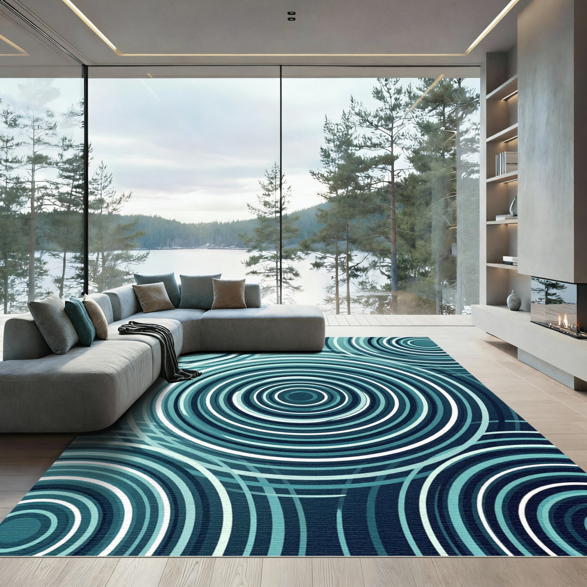 Geometric Teal Circular Ripple Rug