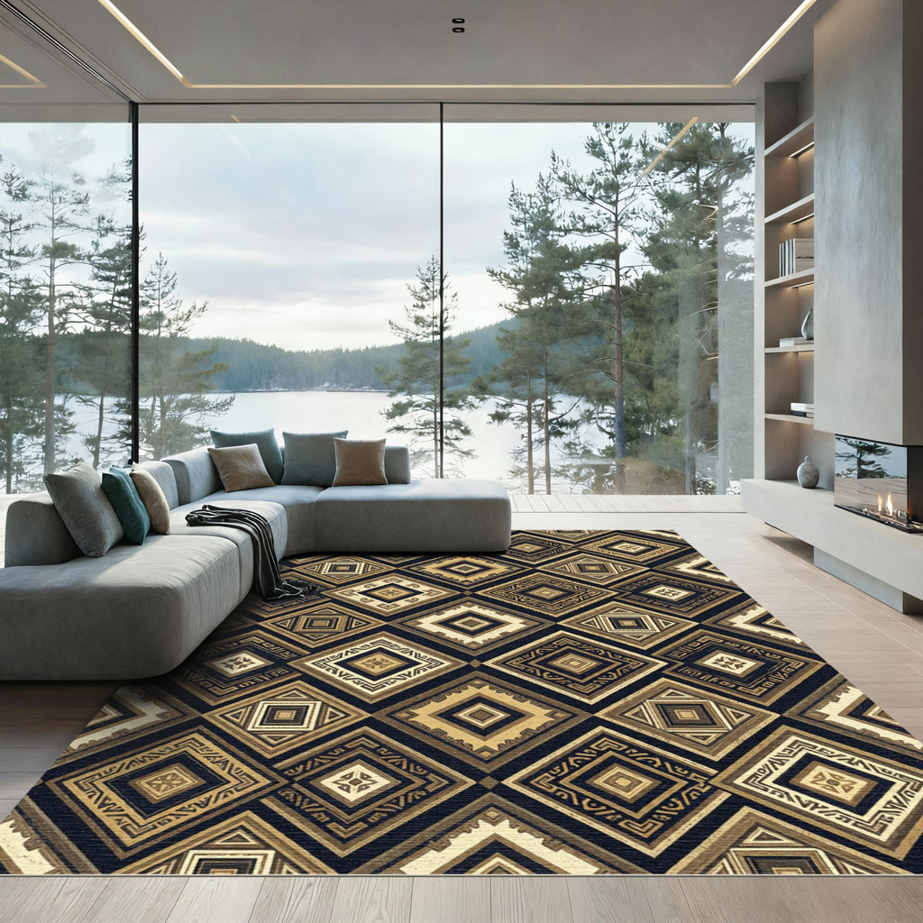 Golden Geometric Diamond Aztec Art Rug