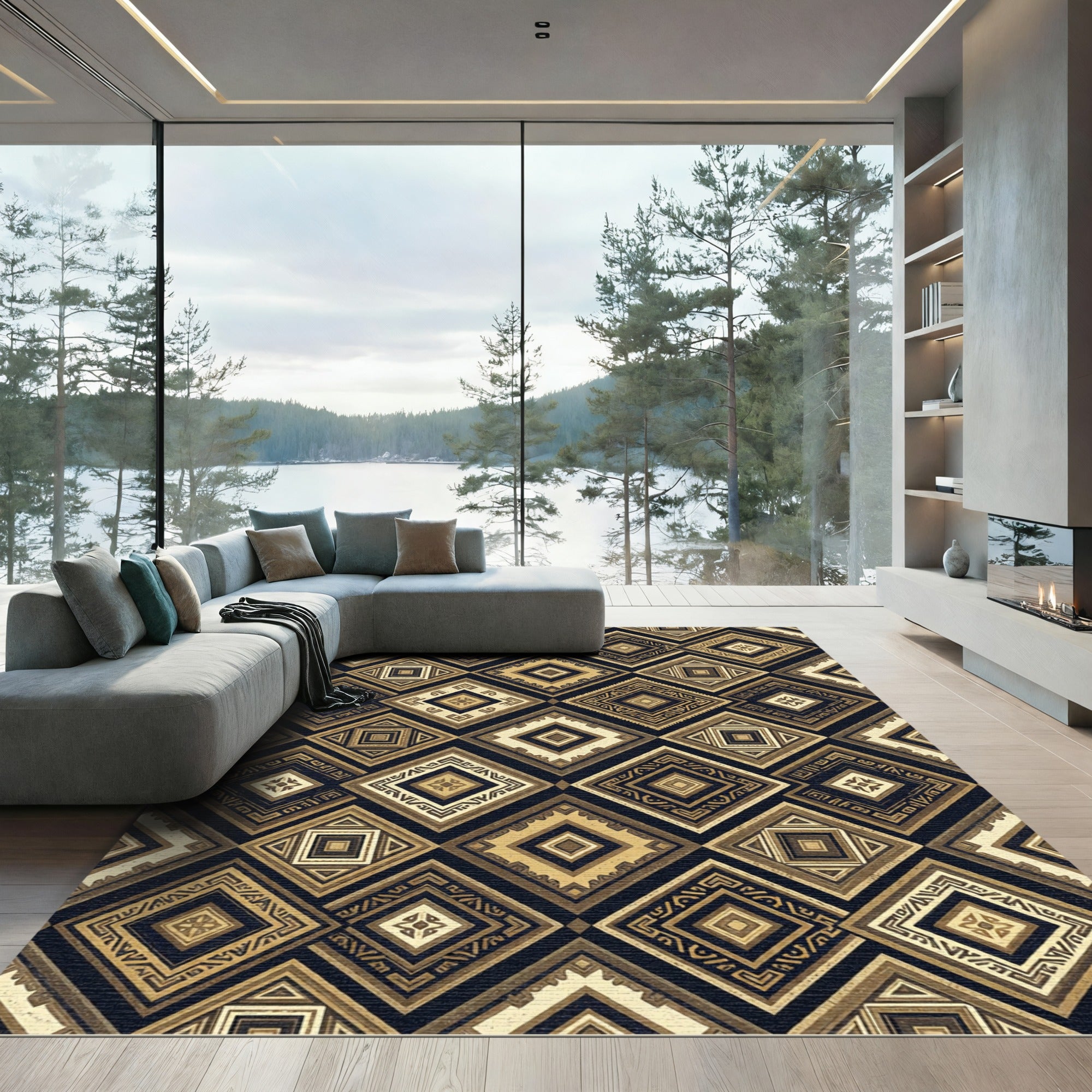 Golden Geometric Diamond Aztec Art Rug