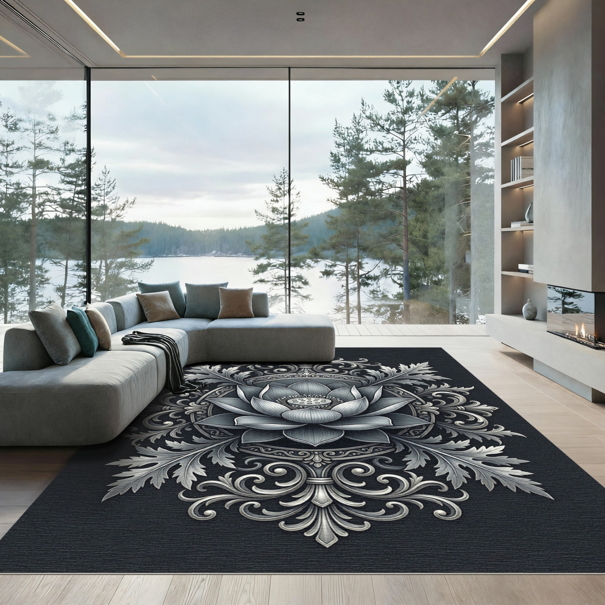Silver Lotus Floral Ornate Medallion Rug