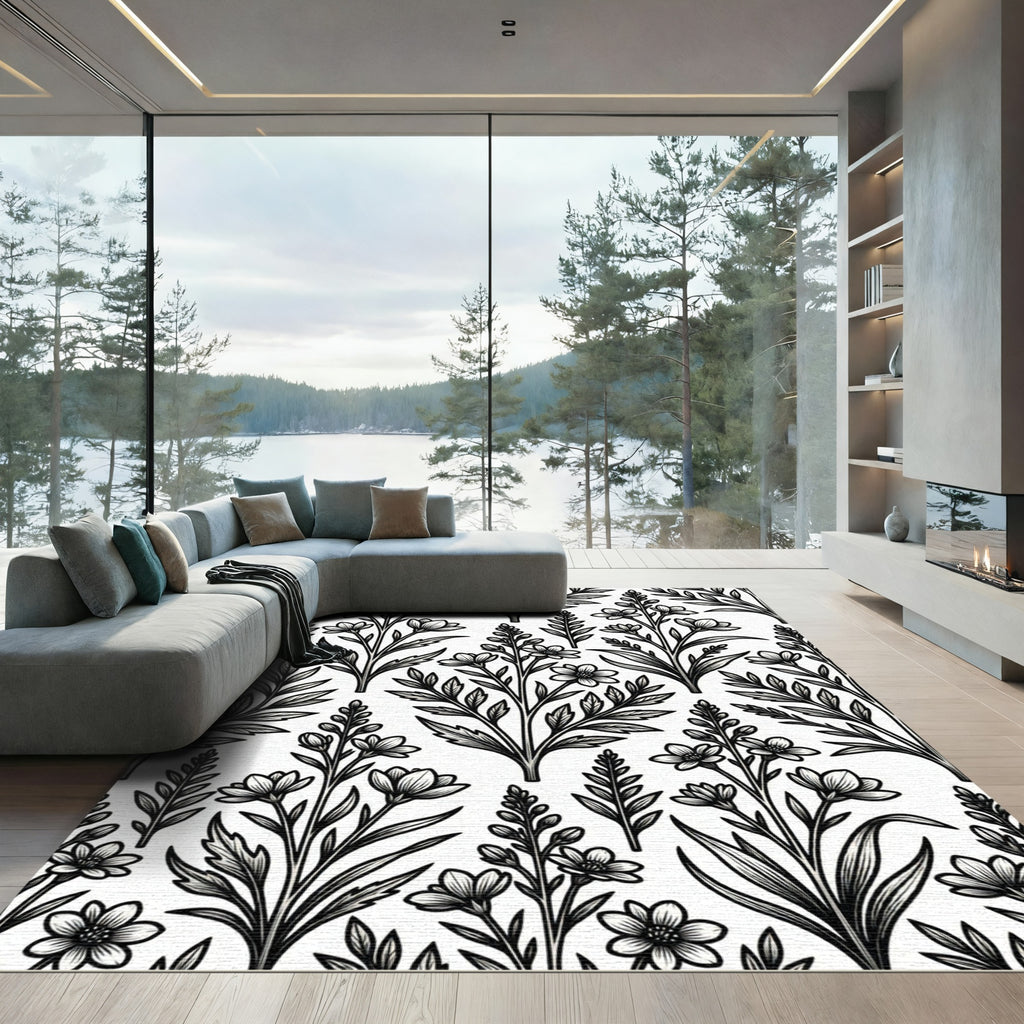 Monochromatic Botanical Ink Illustration Garden Rug