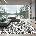 Monochromatic Botanical Ink Illustration Garden Rug