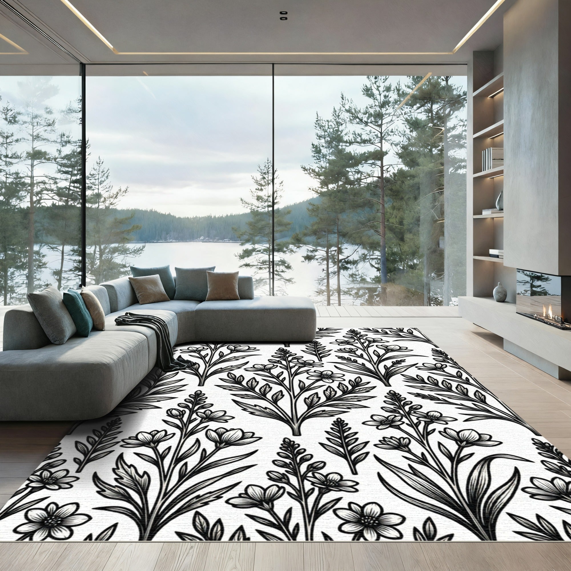 Monochromatic Botanical Ink Illustration Garden Rug