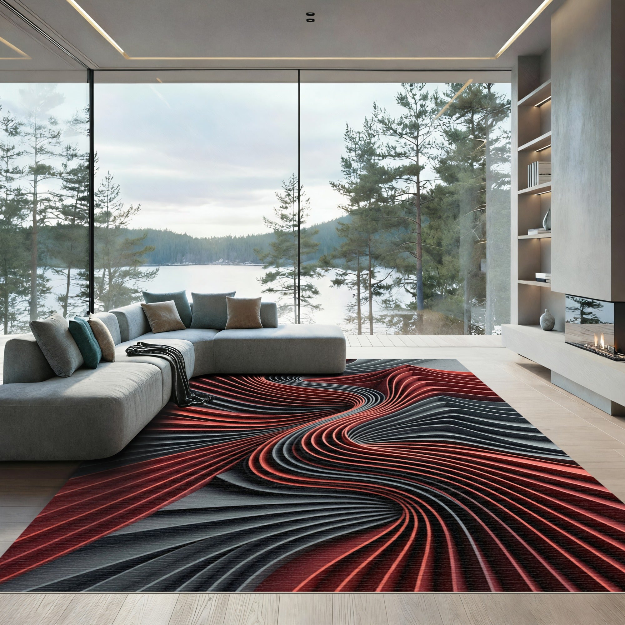 Abstract Crimson and Charcoal Flowing Waves Rug