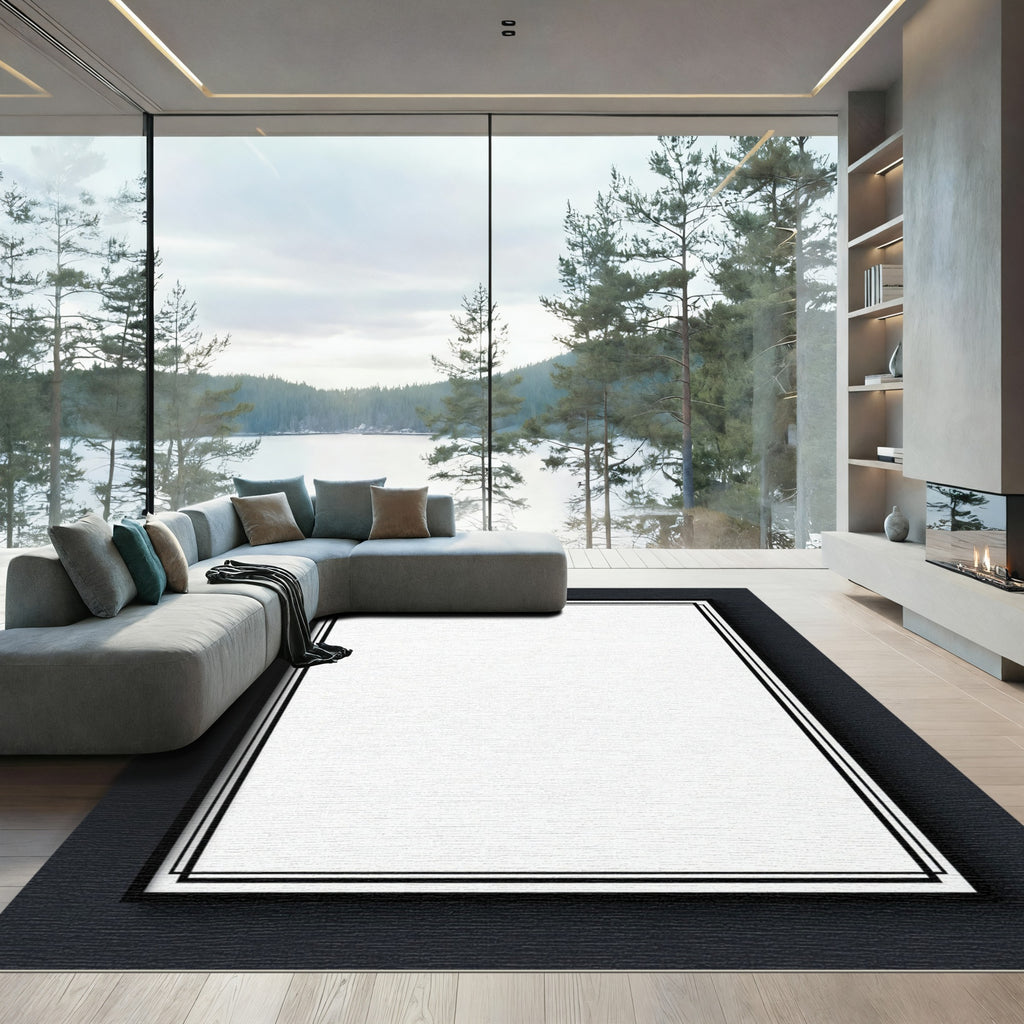 Minimalist Black Border White Canvas Rectangular Rug