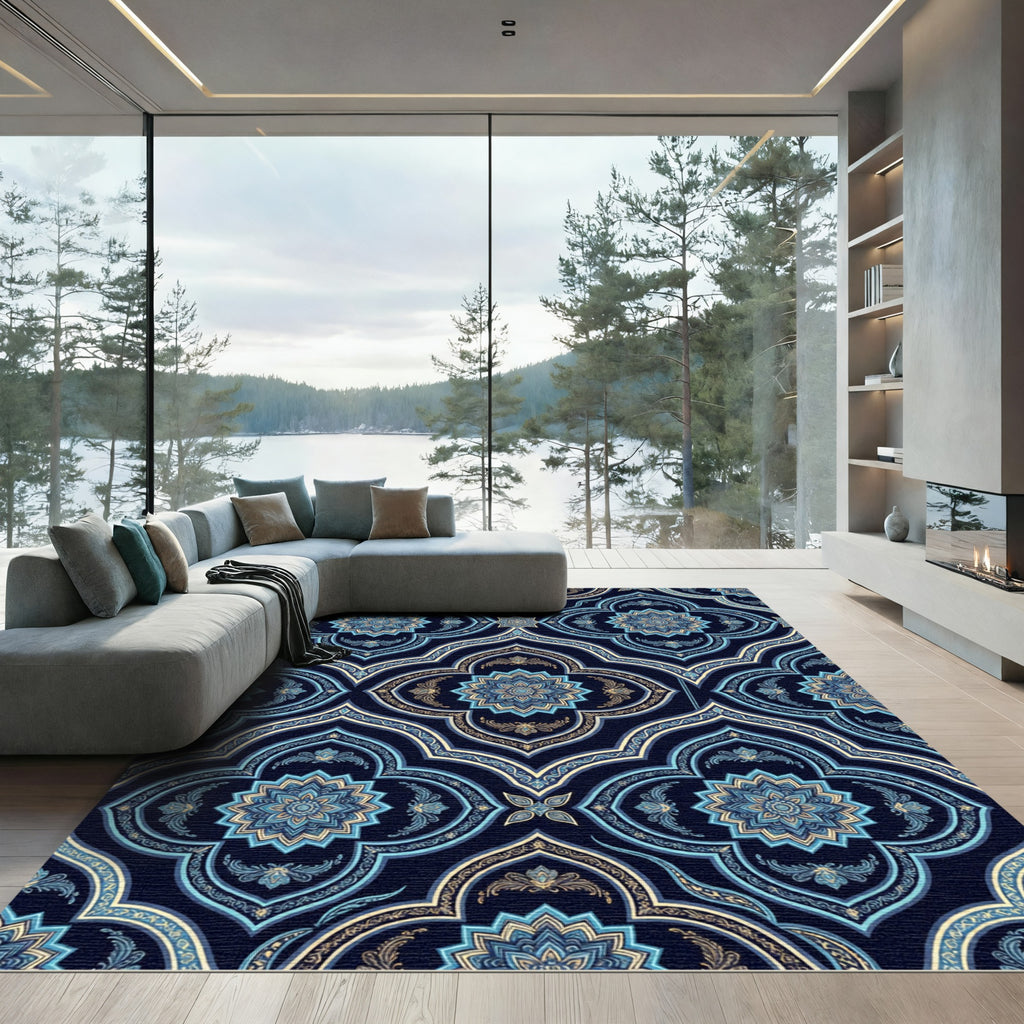 Midnight Blue Ornamental Floral Medallion Rug