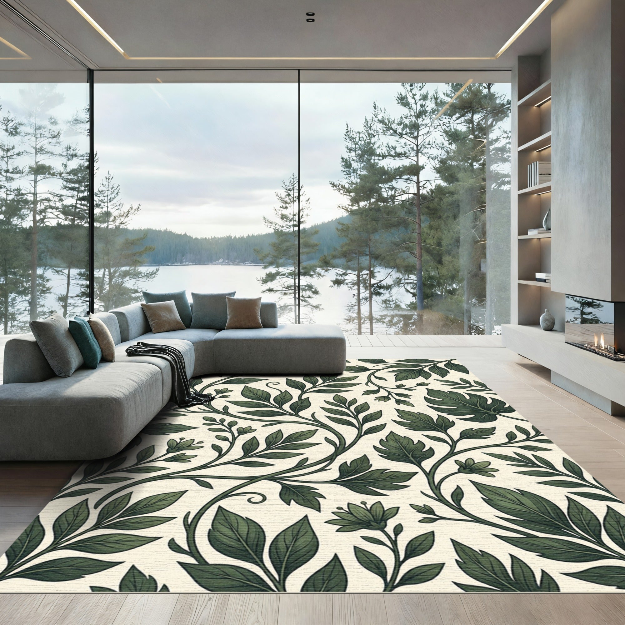 Deep Green Botanical Vine Flourish Rug