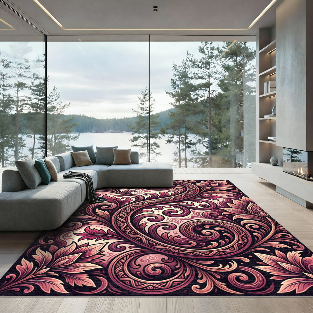 Intricate Burgundy Floral Swirl Scroll Rug