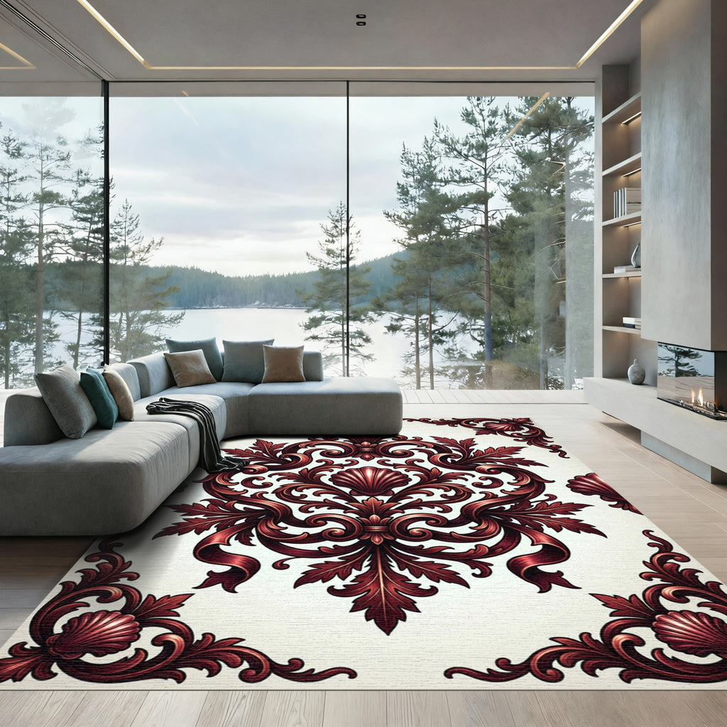 Ornate Burgundy Baroque Shell Damask Rug