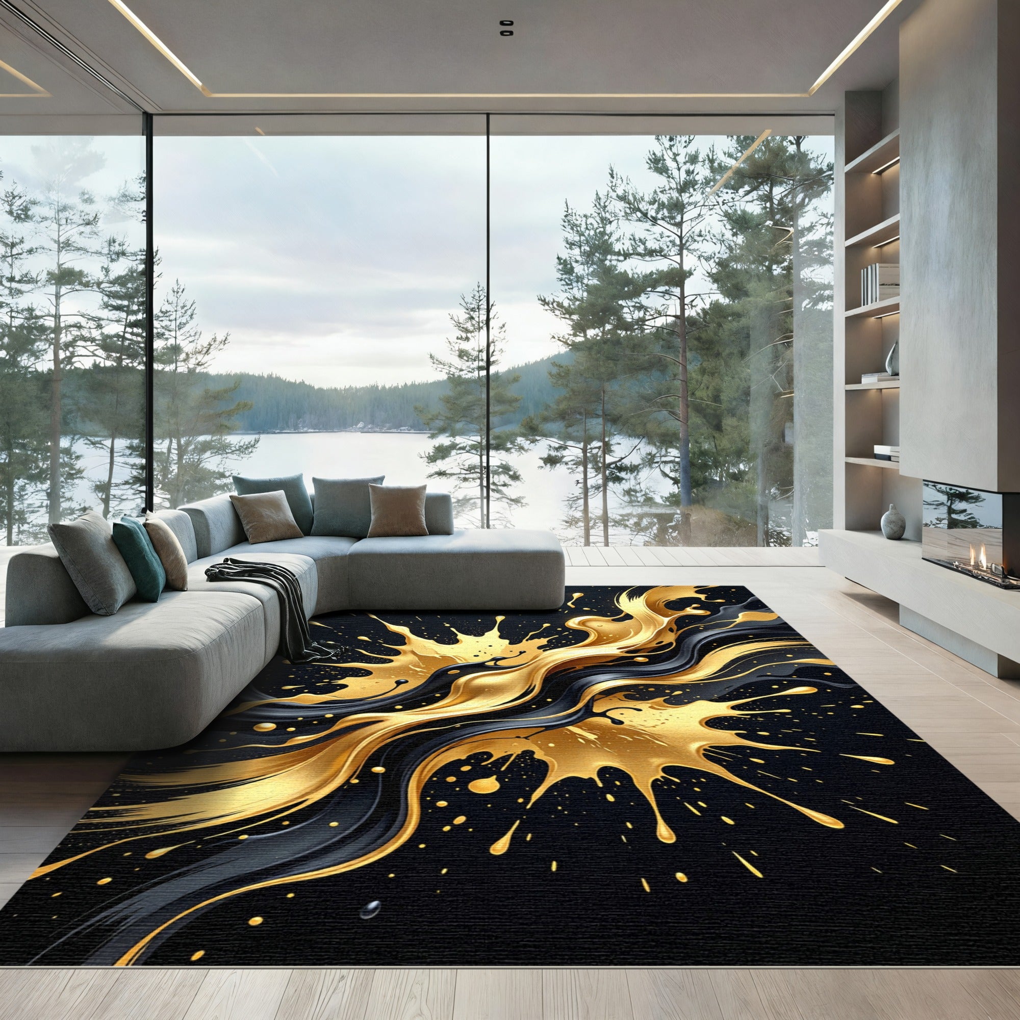 Liquid Gold and Black Abstract Swirl Rug