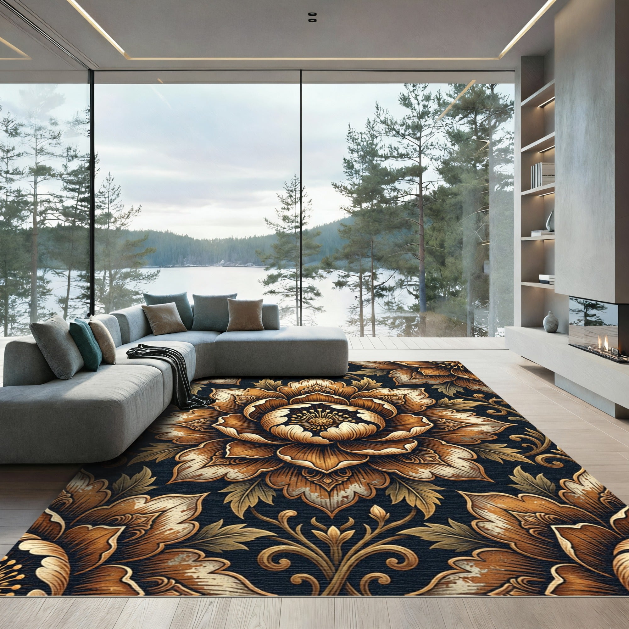 Ornate Golden Floral Damask Art Rug