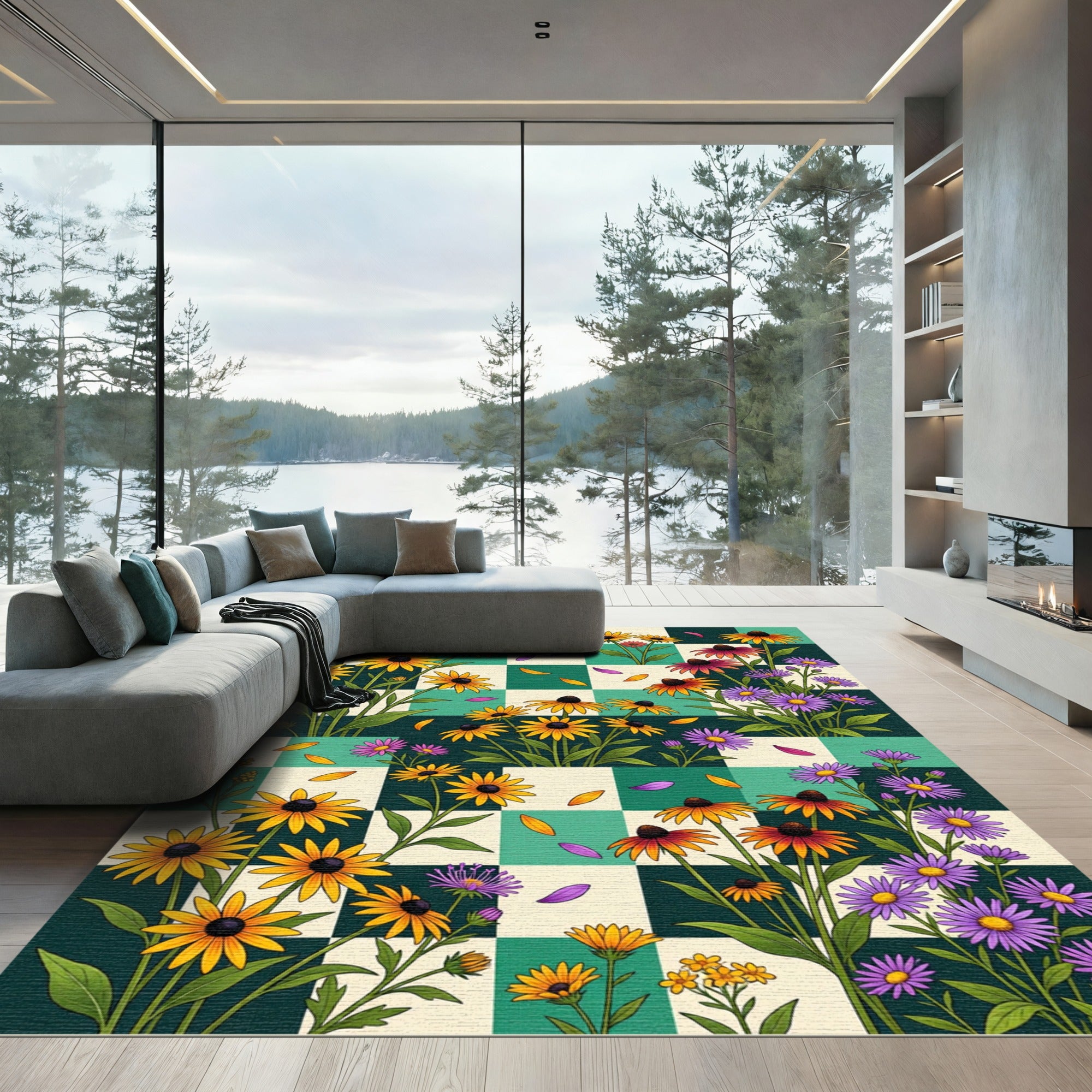 Vibrant Checkerboard Wildflower Garden Rug
