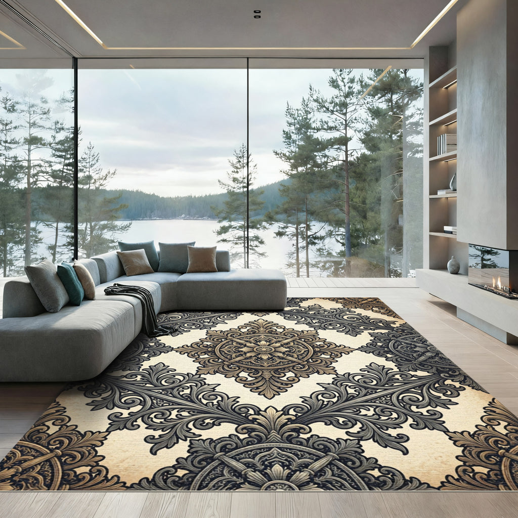 Ornate Black Cream Scrollwork Medallion Rug