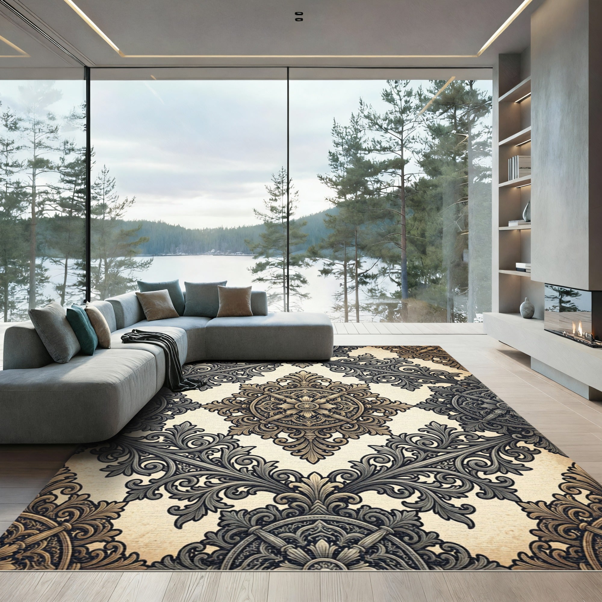 Ornate Black Cream Scrollwork Medallion Rug