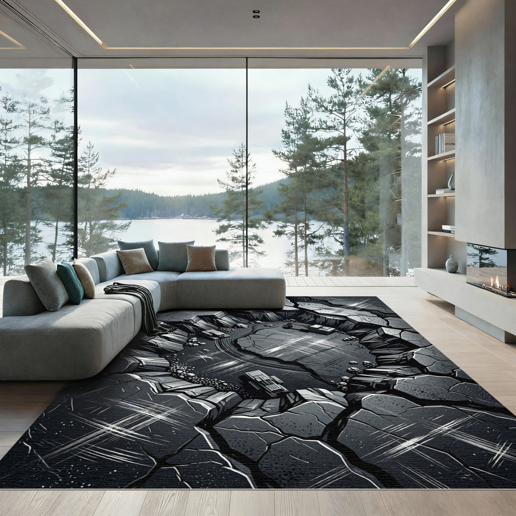 Dark Gray Quarry Excavation Scene Rug