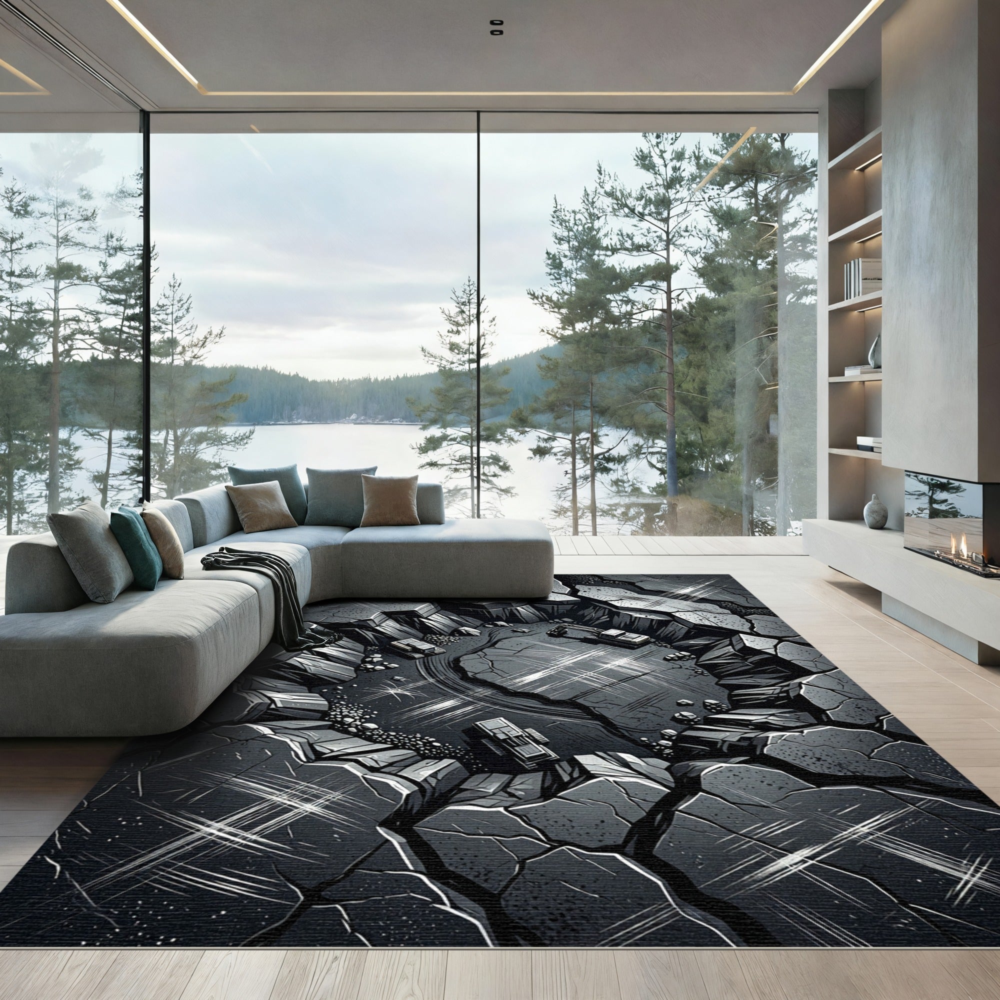 Dark Gray Quarry Excavation Scene Rug