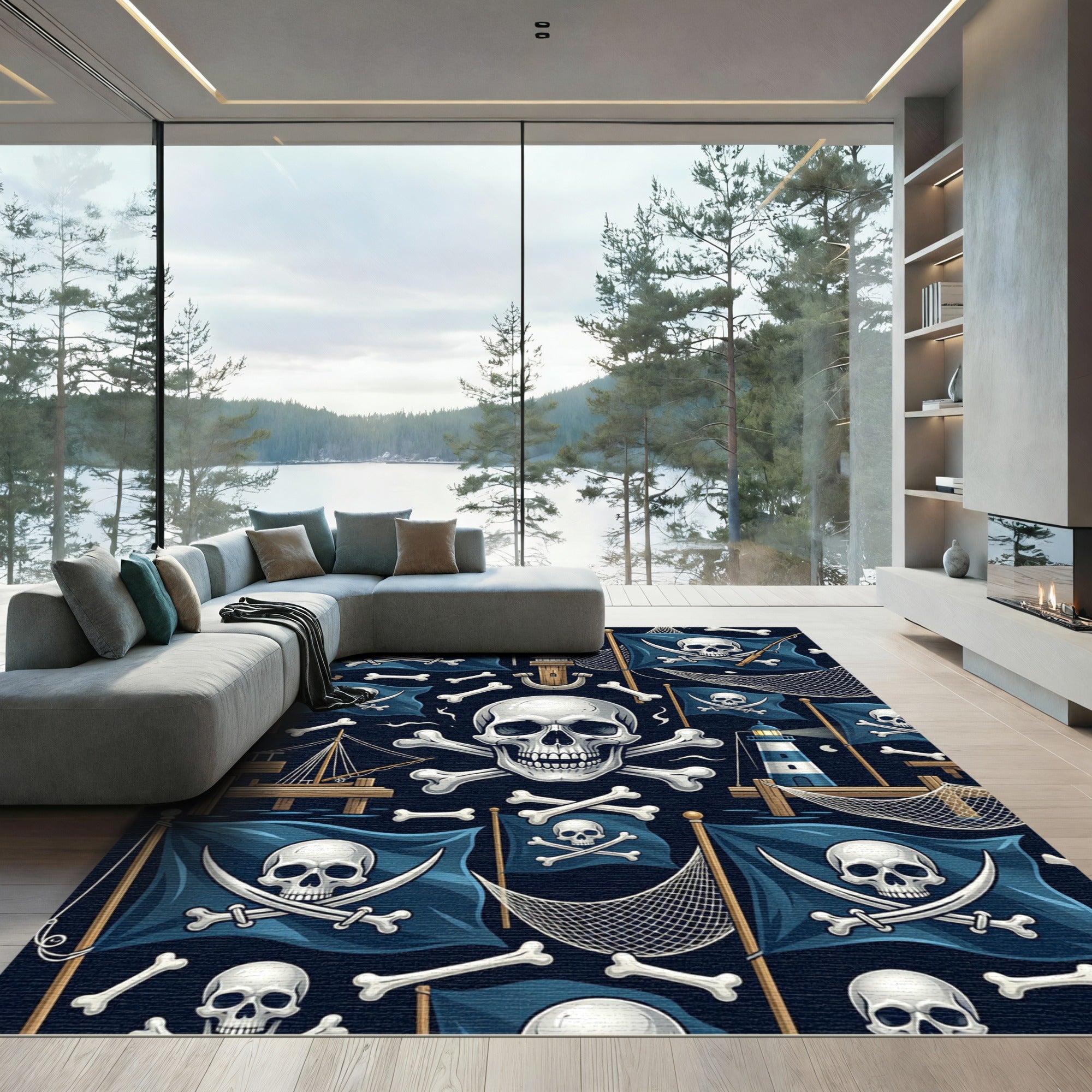Dark Blue Pirate Skull Nautical Flag Rug