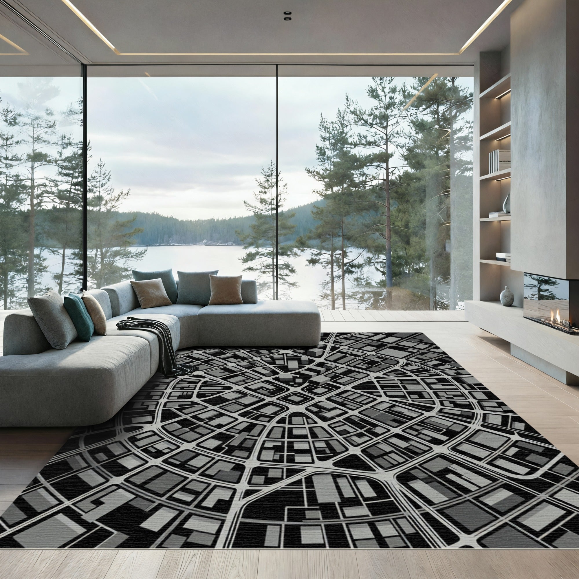 Modern Gray Urban Cityscape Grid Rug