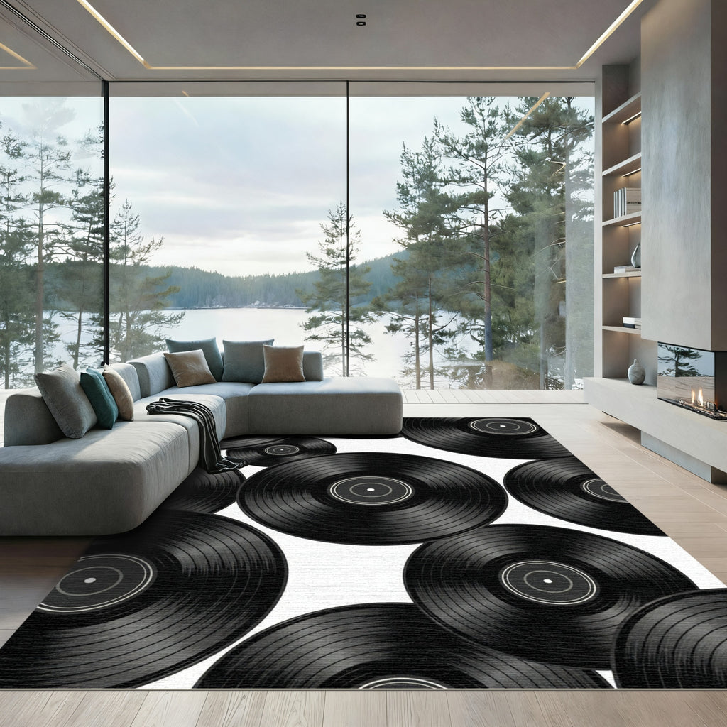 Monochromatic Retro Vinyl Record Collage Rug